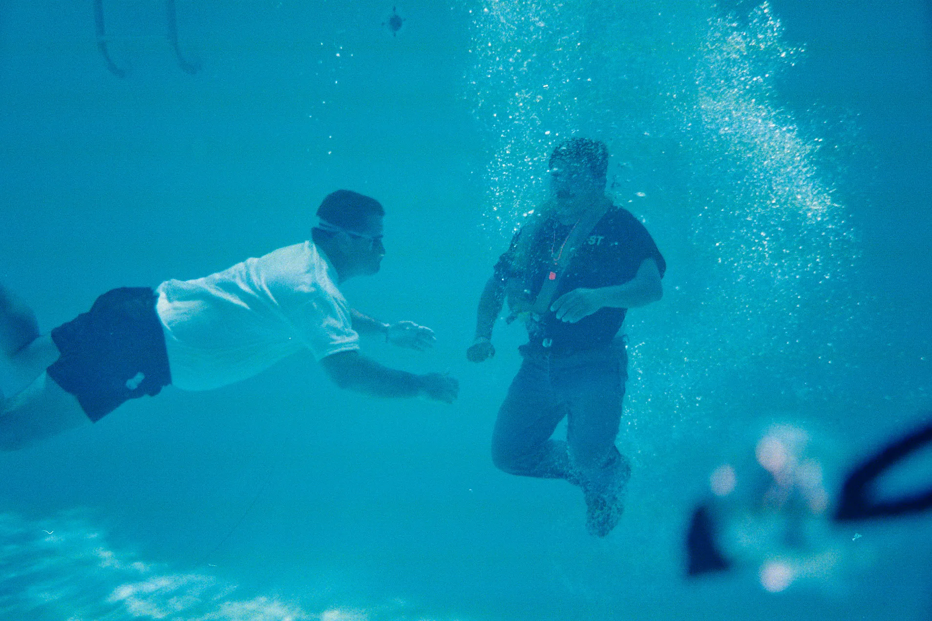 Underwater water rescue training in a pool